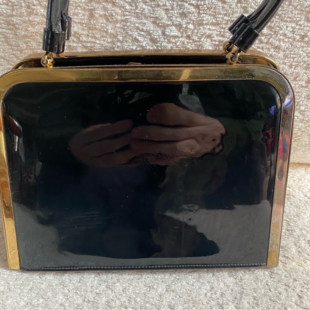 Vintage Black Patent Purse Handbag Gold Color Hardware - Picture 2 of 8